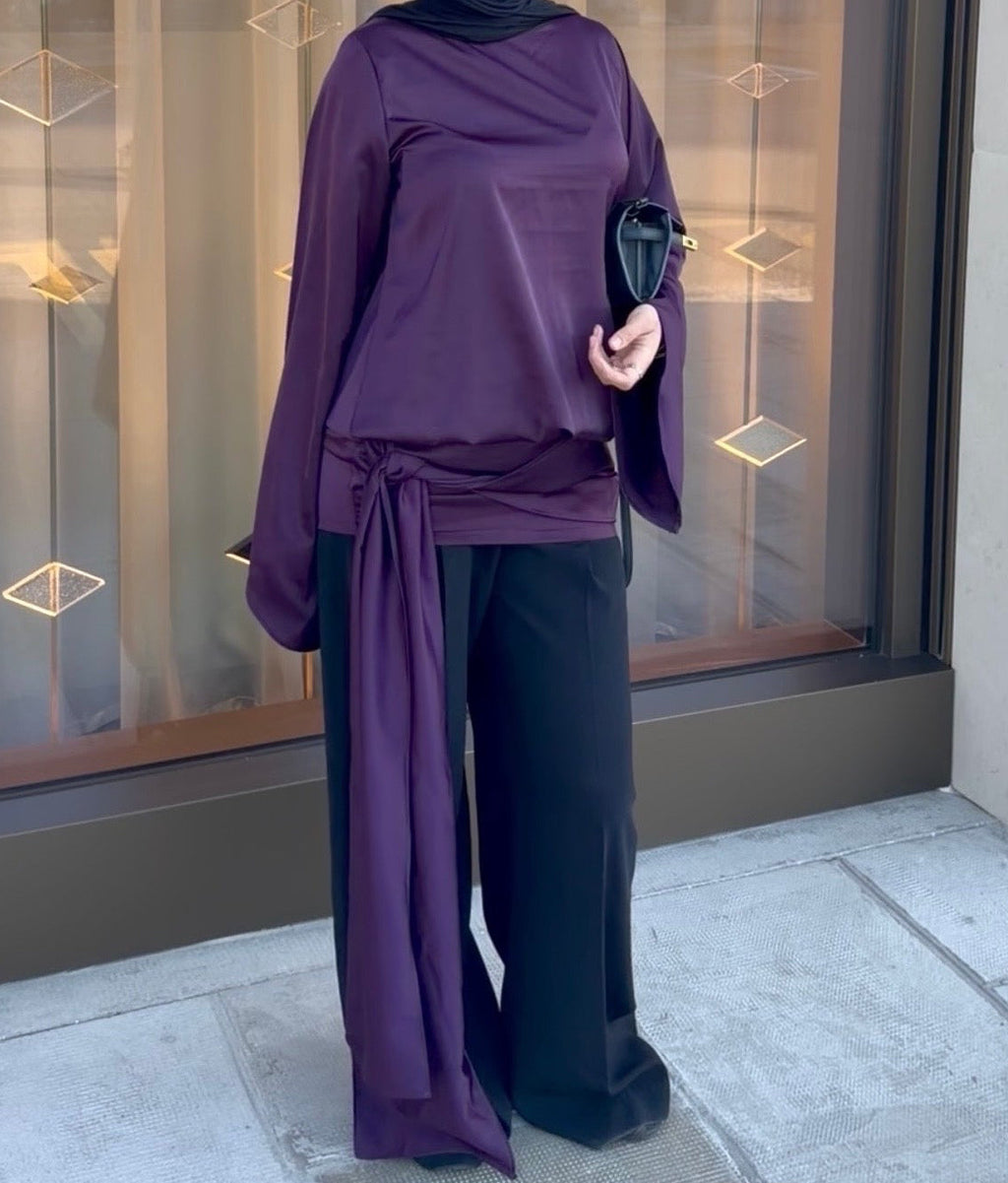 Haut à nouer violet avec manches évasées