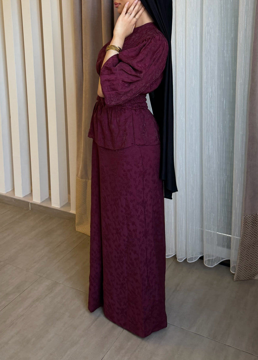 Ensemble jacquard en lin bordeaux