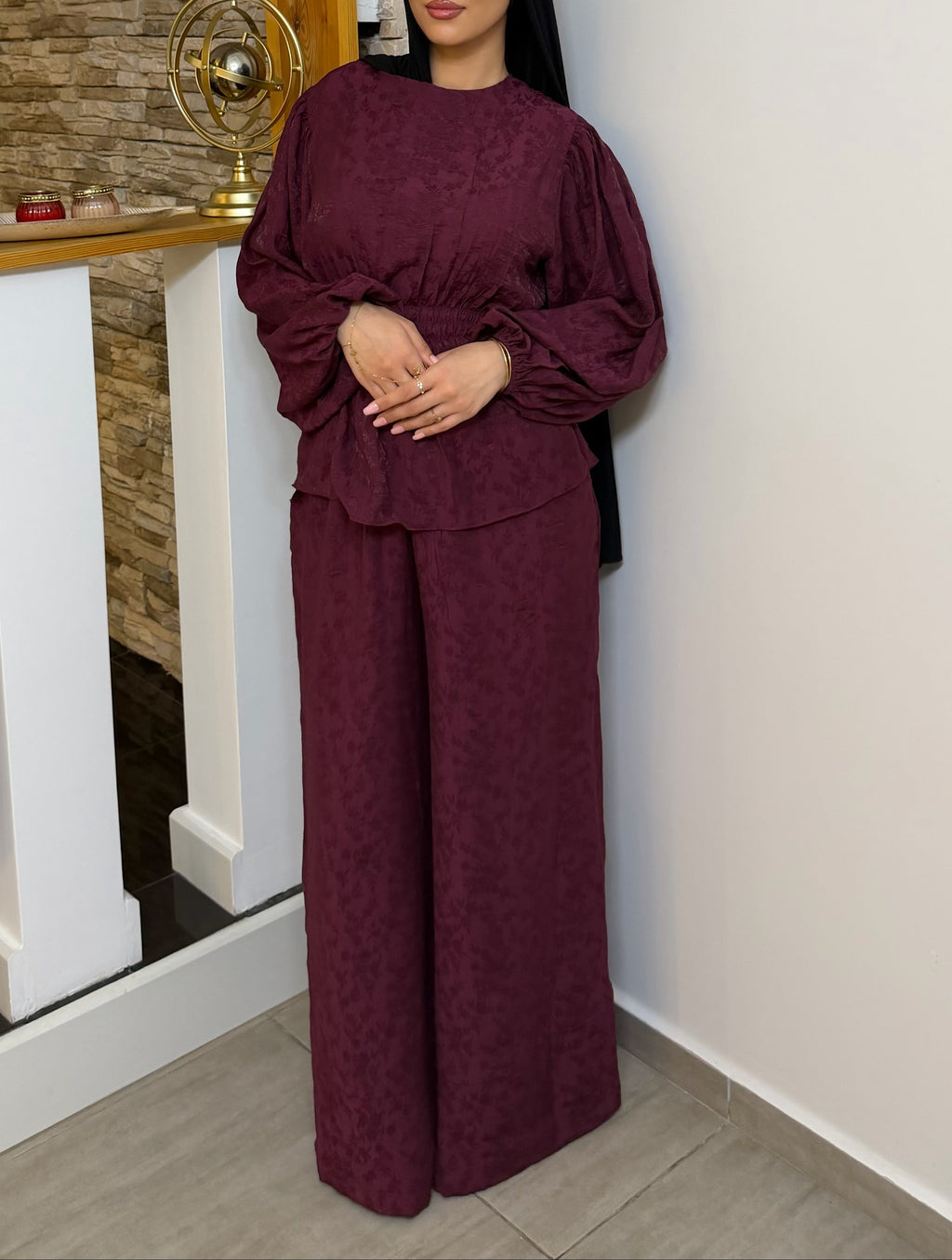 Ensemble jacquard en lin bordeaux